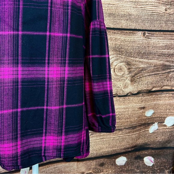 SOLD 🛍️ Woman Within Women’s Cotton Purple Plaid Balloon Sleeve Flared Blouse - Picture 3 of 8